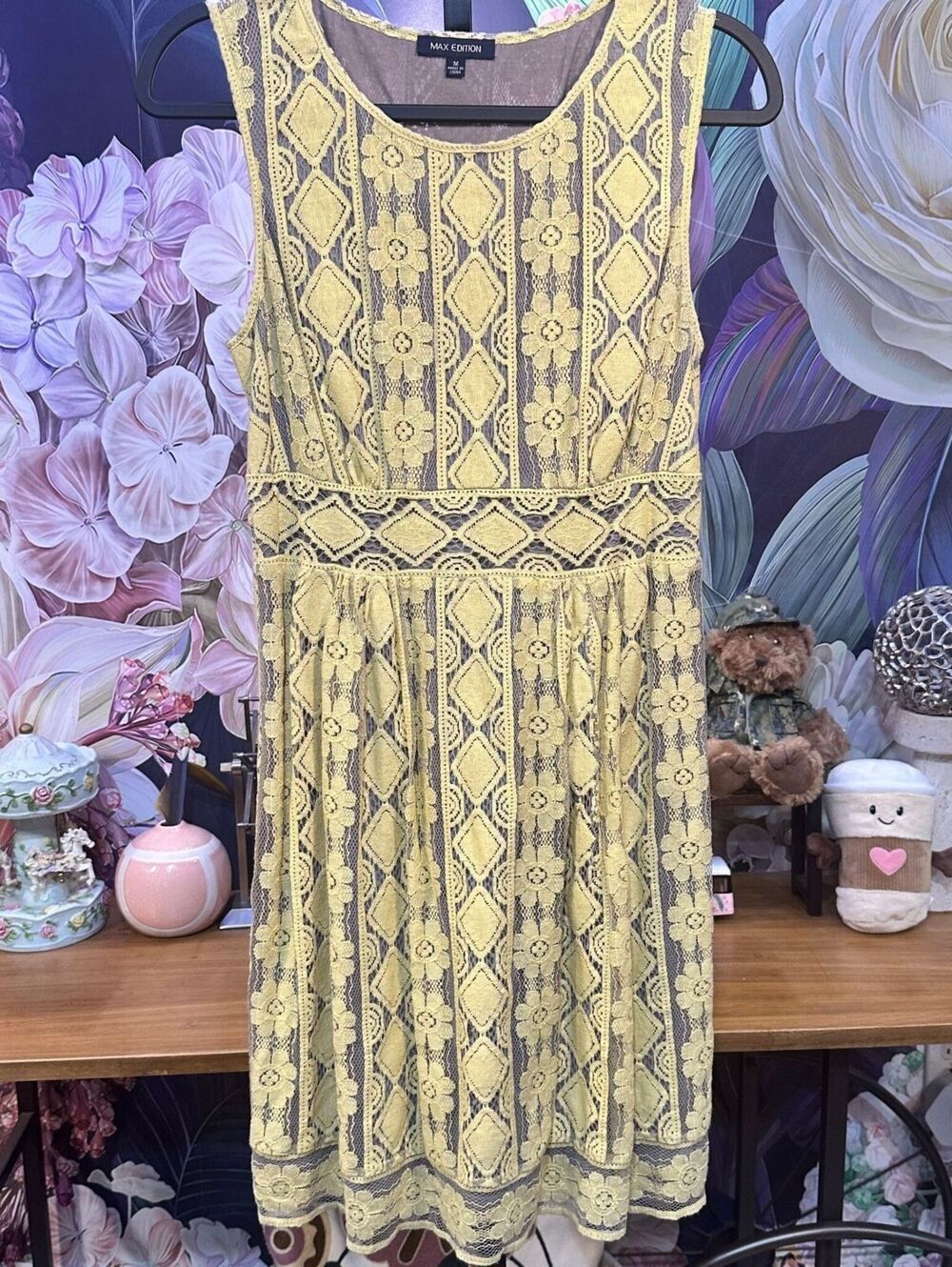 Max Edition M Yellow Lace Midi Dress Sleeveless Smocked Waist Floral Romantic